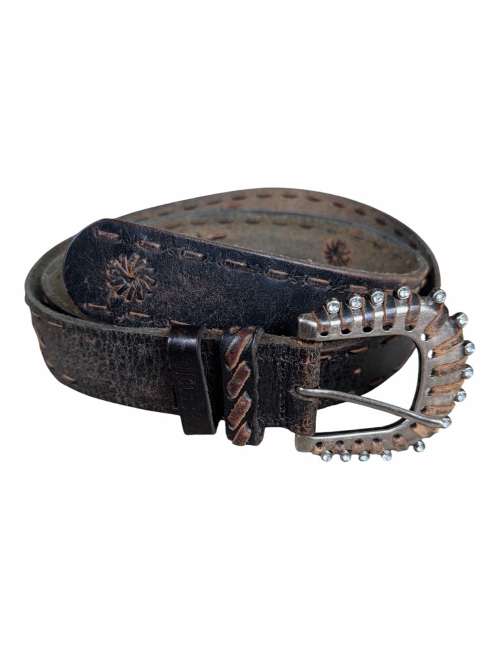 Vtg Y2K Miss Me Whipstitch Leather Belt Rhinestone Buckle